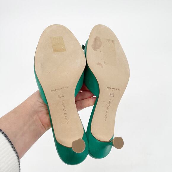 Manolo Blahnik Green Leather Pertinanu Bow Detail Kitten Heel Mules IT 36.5 - Picture 10 of 11